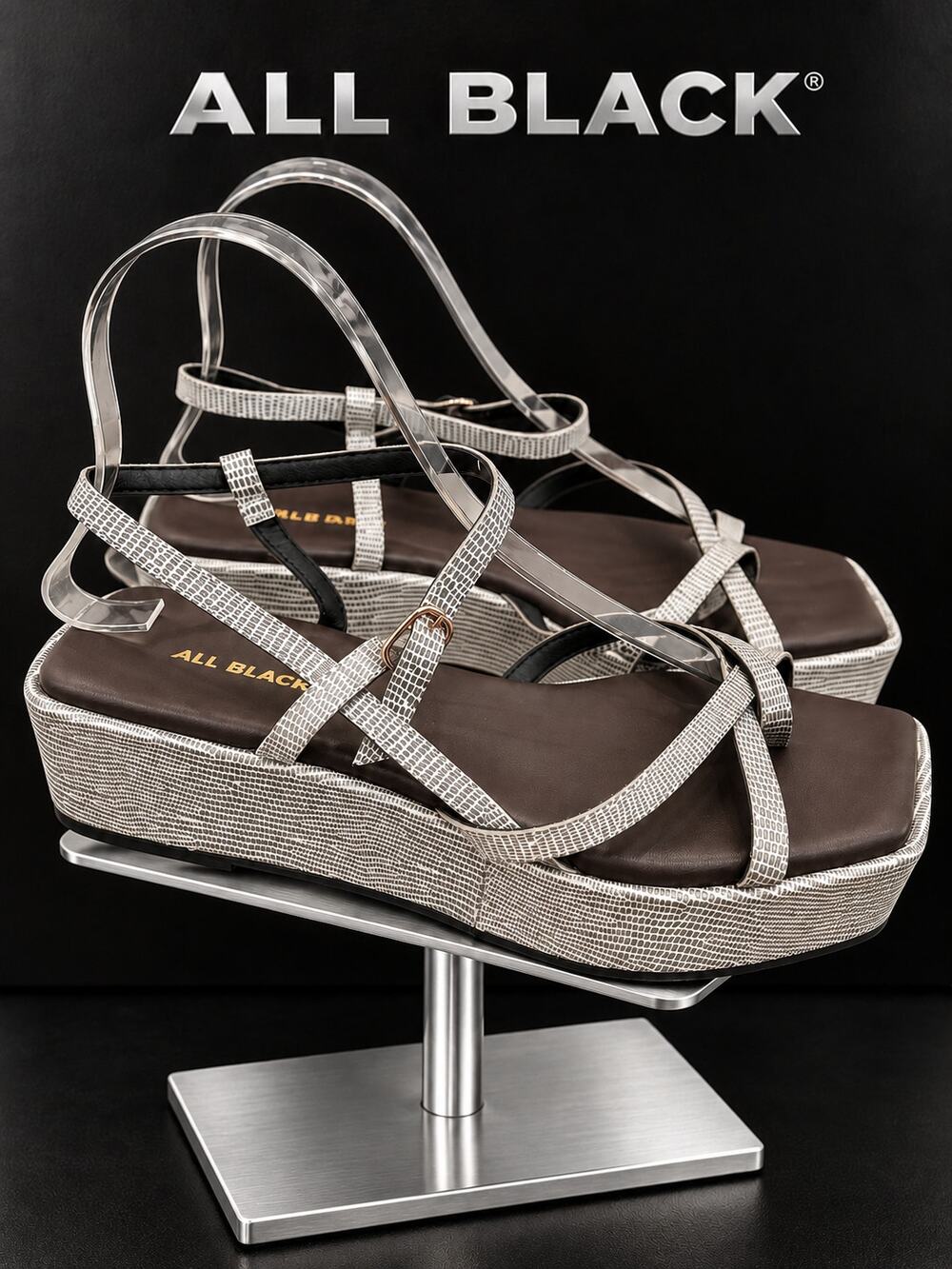 ALL BLACK Cross-Strap Platform Sandals White Gray Women’s US 9 EU 39.5